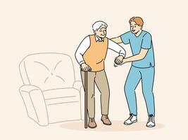 Medical worker helps sick pensioner get out of chair and walk around room or go outside. Providing assistance or support to pensioner after retirement and volunteer work in nursing home vector