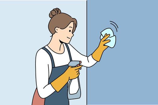ama de casa mujer limpieza departamento, limpiando pared o vaso utilizando antibacteriano rociar, vestido en delantal y guantes. contento niña trabajos como mucama en motel y limpieza preparando habitación para llegada de invitados vector