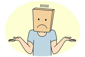 Unknown person with paper bag on hand feel confused and frustrated. Man or woman with package with face expression feeling doubts. Vector illustration.