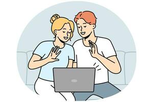 Smiling couple sit on sofa wave talk on video call on computer. Happy man and women have fun enjoy webcam conversation on laptop. Vector illustration.