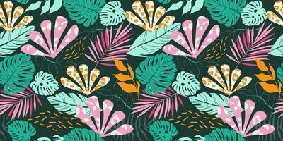 Abstract seamless pattern with exotic tropical plants, animal print. The summer bright nature of the jungle. Vector graphics.