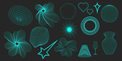 Shapes and meshes in trendy turquoise color on dark background. Abstract 3D patterns in trendy psychedelic style. Y2k. vector