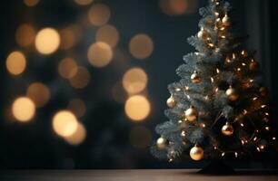 AI generated christmas tree in an open, grey room with a bokeh effect photo