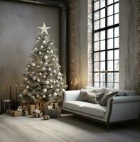 ai generado Navidad árbol en un habitación con un blanco sofá foto