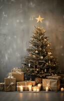 AI generated christmas tree decorated with gifts and wood photo