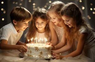 ai generado grupo de niños poniendo velas en un pastel foto