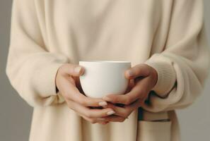 AI generated a coffee cup stacked in the hands of two women photo