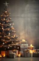 ai generado Navidad árbol decorado con regalos y madera foto