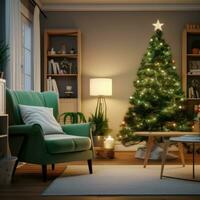 ai generado un familia habitación con un pequeño Navidad árbol y un verde silla foto