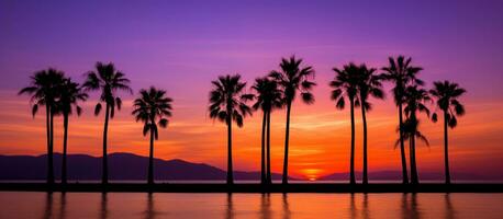 AI generated a group of palm trees in silhouette with ocean along the lake photo