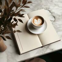 ai generado café taza con libro en de madera mesa foto