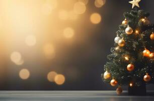 AI generated christmas tree in an open, grey room with a bokeh effect photo