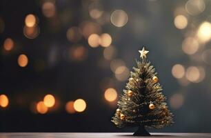 AI generated christmas tree in an open, grey room with a bokeh effect photo