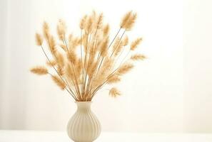 AI generated a vase of dried dried grass are sitting on a white surface photo