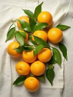 AI generated eight tangerines on white cloth, with green leaves, everyday ephemera, organic material photo