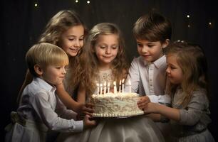 AI generated group of kids putting candles on a cake photo
