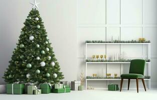 AI generated holiday room with green decorations  green christmas tree photo