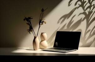 AI generated desk with laptop, vase and lamp on white table photo