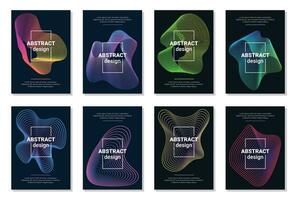 Vector set of 8 abstract brochures, covers, flyer templates with dynamic amorphous flowing gradient particle water curve waves and modern organic line. Retro futurism geometric, cyberpunk, technology.