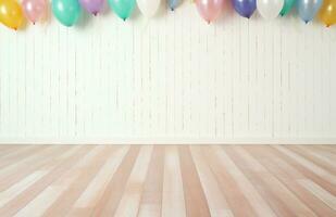 AI generated colorful party background with white wood flooring photo