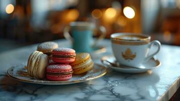 AI generated copy space with stock of macarons dessert on white plate photo
