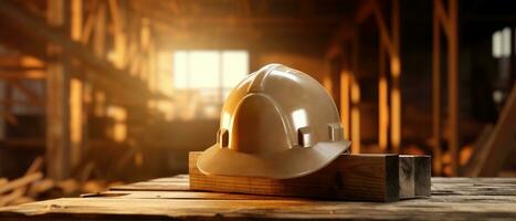 AI generated construction hard hat on wooden floor photo