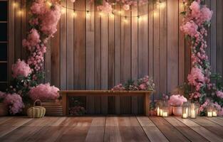 AI generated diy wooden backdrop with lights photo