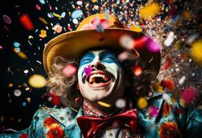 AI generated a clown in a hat makes confetti, photo