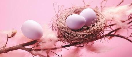 AI generated colored eggs in the nest on a pink background photo