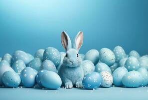 ai generado Pascua de Resurrección conejitos y Pascua de Resurrección huevos alrededor un azul antecedentes foto