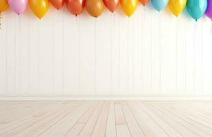 AI generated colorful party background with white wood flooring photo