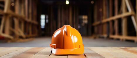 AI generated construction hard hat on wooden floor photo