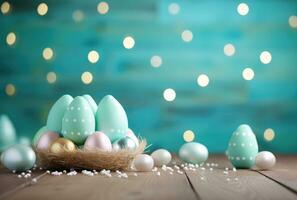 AI generated cute easter hat eggs around wooden bunny ears on turquoise background photo