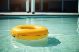 ai generado un grande amarillo piscina anillo es flotante en el piscina foto