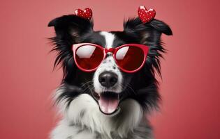 AI generated a border collie wearing glasses with hearts in them photo