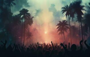 AI generated a crowd at an event with palm trees and people waving their hands photo