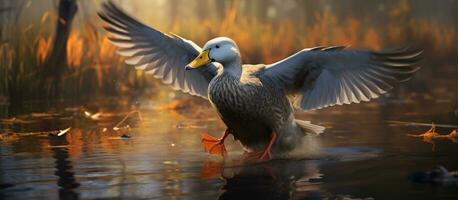 AI generated a beautiful grey duck flies near a pond photo