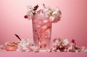 ai generado un rosado cóctel con hielo en eso rodeado por rosado flores foto