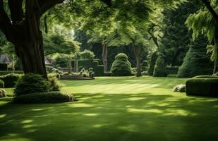 ai generado un césped con un jardín zona lleno de setos y arboles foto