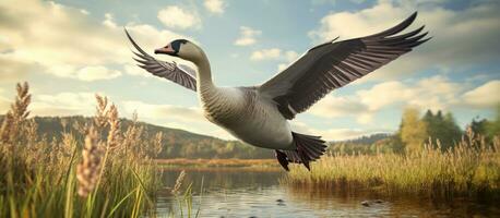 AI generated a goose flying in a field near a river photo