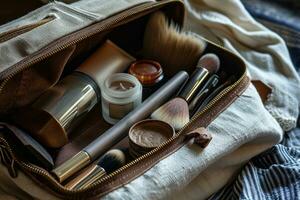 ai generado un minimalista imagen de un maquillaje bolsa con cuidadosamente arreglado productos foto