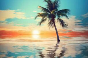 AI generated a palm tree with sunlit water the sand photo