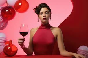 AI generated a woman grasping a red wine glass on a pink surface photo