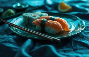 ai generado un plato de japonés comida con Sushi en eso y palillos sentado foto