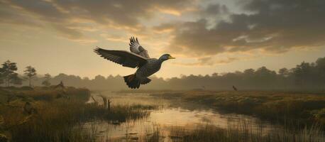 AI generated duck flying over treed grasslands in the early morning light photo