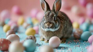 AI generated easter holiday background with cute bunny, colorful eggs photo