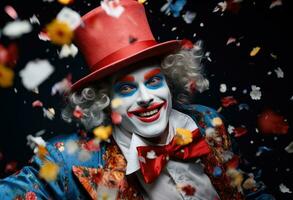 AI generated a clown in a hat makes confetti, photo