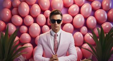 AI generated a young man in a red suit standing in front of an easter egg with sunglasses on photo