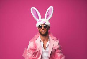 AI generated a man is wearing a bunny ears in front of a pink background photo