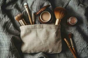 ai generado un minimalista imagen de un maquillaje bolsa con cuidadosamente arreglado productos foto